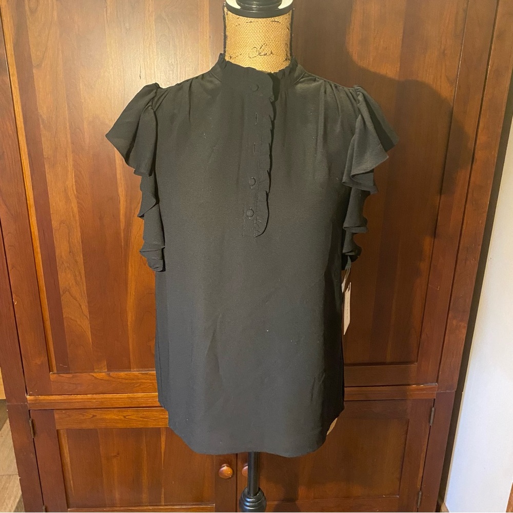 1.State Women’s Blouse Size Small Black Smocked Ruffled Sleeve NWT